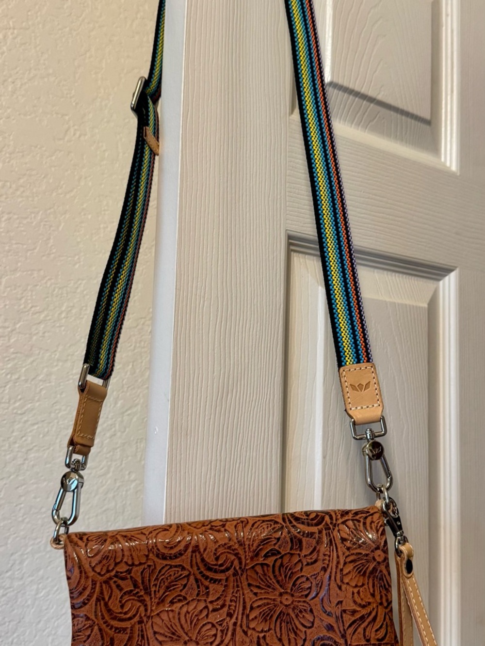 Consuela Brown Embossed Leather Crossbody with Rainbow Strap